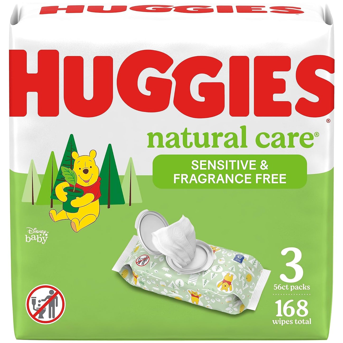 Huggies Natural Care Sensitive Toallitas para bebé, sin perfume, hipoalergénicas, 99% de agua purificada, 3 paquetes abatibles (168 toallitas en total)