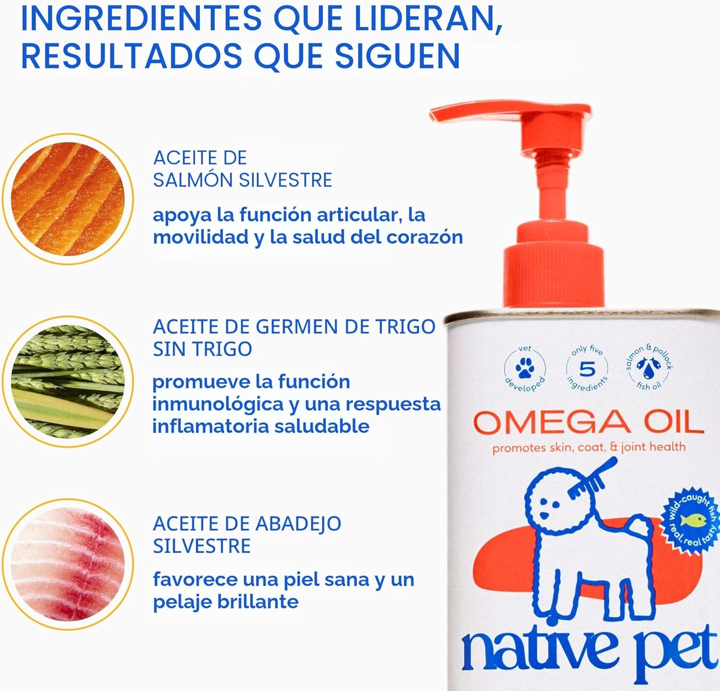 Native Pet Aceite de pescado Omega 3 para perros y gatos, promueve...