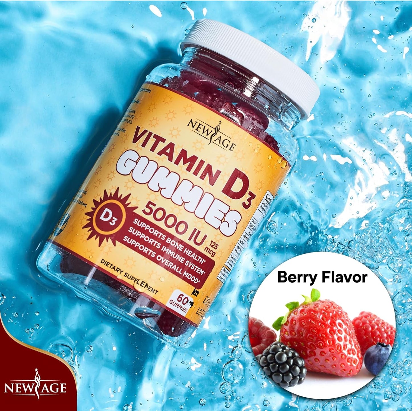 NEW AGE Gomitas de vitamina D3 de 5000 UI de 125 mcg, suplemento in...