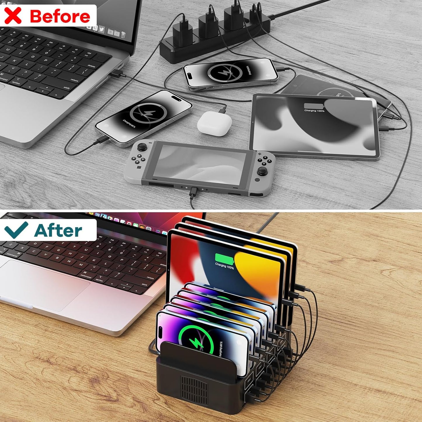 Estación de carga de 150W/35A para múltiples dispositivos, RUANSZZ Estación de carga rápida de 16 puertos USB-C, Organizador de carga múltiple compatible con teléfono celular, iPad, Kindle, tableta y