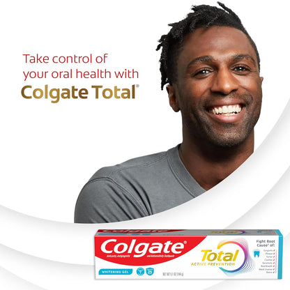 Colgate Total Active Prevention - Pasta de dientes en gel blanqueador con flúor, a granel con fórmula clínicamente probada que combate las bacterias de la placa, menta, paquete de 4, 5.1 onzas