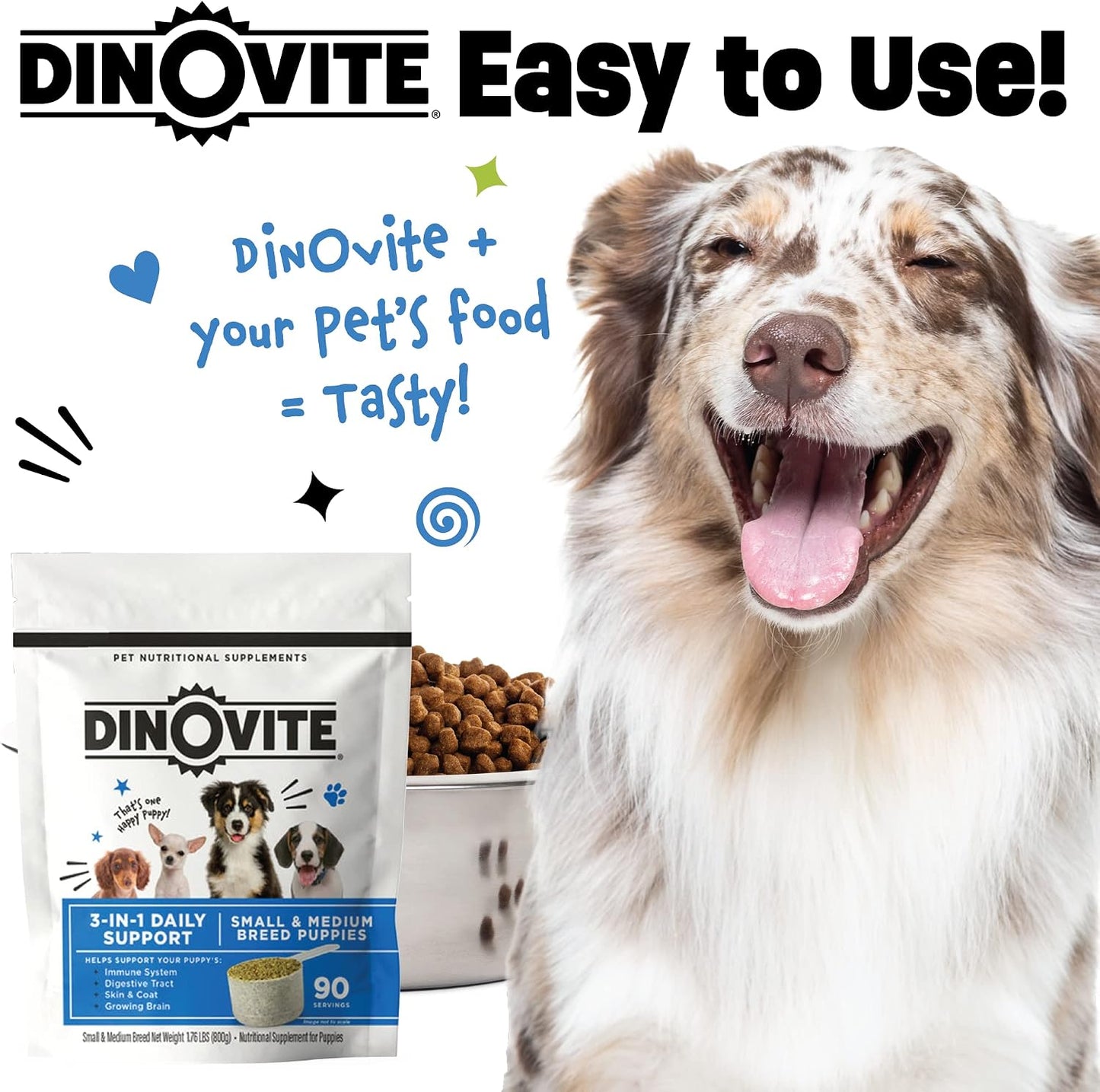 Dinovite Probiótico 3 en 1 para cachorros, piel y pelaje, salud dig...