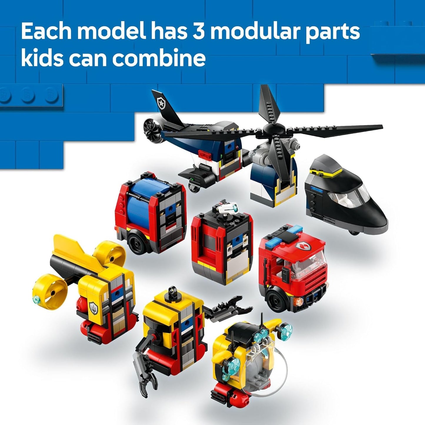 LEGO City Helicopter, camión de bomberos y submarino Remix juguete para niños, 3 juguetes de construcción en 1 para niños y niñas, a partir de 7 años, idea de regalo para cumpleaños, con 3 minifiguras