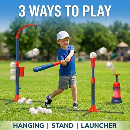 Juego de béisbol 3 en 1 para niños y niños pequeños de 3 a 5 años – Incluye soporte de pelota de camiseta, camiseta colgante, lanzador automático de bolas y 6 bolas de softball, altura ajustable para