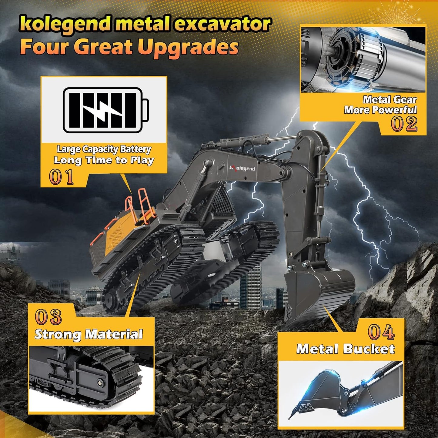 kolegend - Excavadora RC de 22 canales, pala de metal, brazos indep...