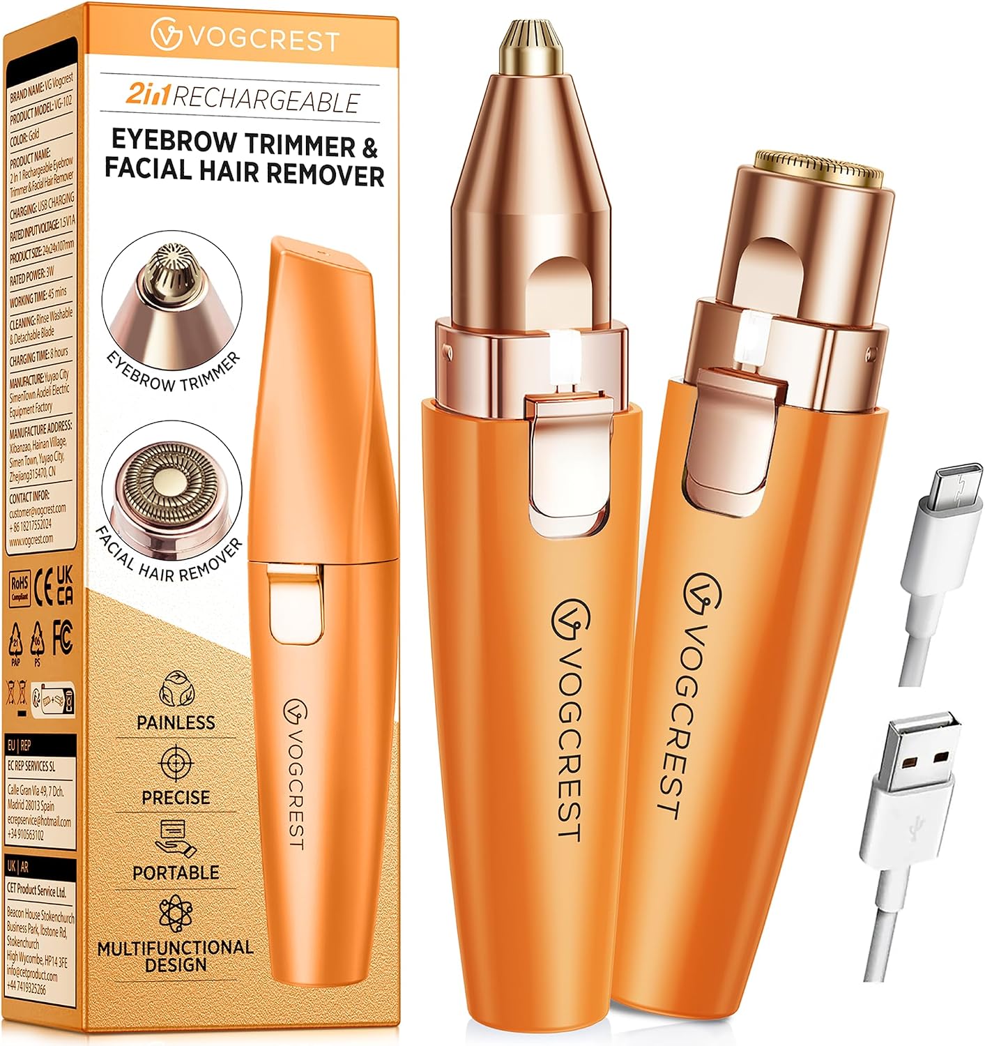 VG VOGCREST Recortadora Facial de Cejas: Depilación Facial Recargab...