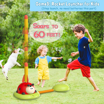 Juego de salto musical 4 en 1, juego de lanzamiento de anillos, juguetes de béisbol y lanzador de cohetes de lanzamiento por pisoteo para niños, juguetes y juegos con control remoto, juguetes para
