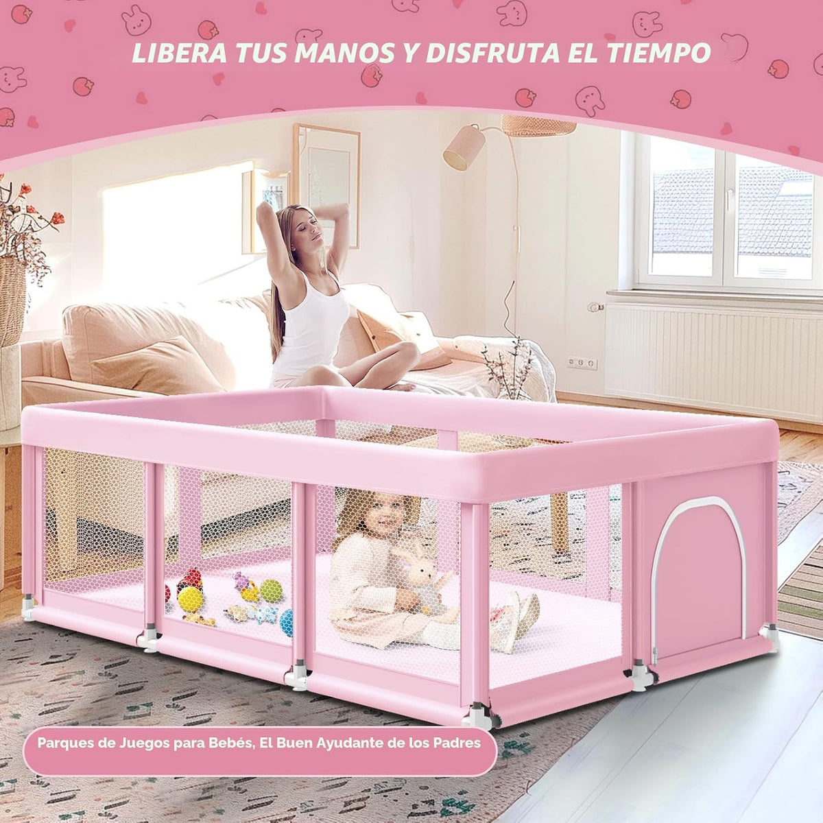 Fshibila Corralito grande de 74 x 50 pulgadas, corralito para bebés...