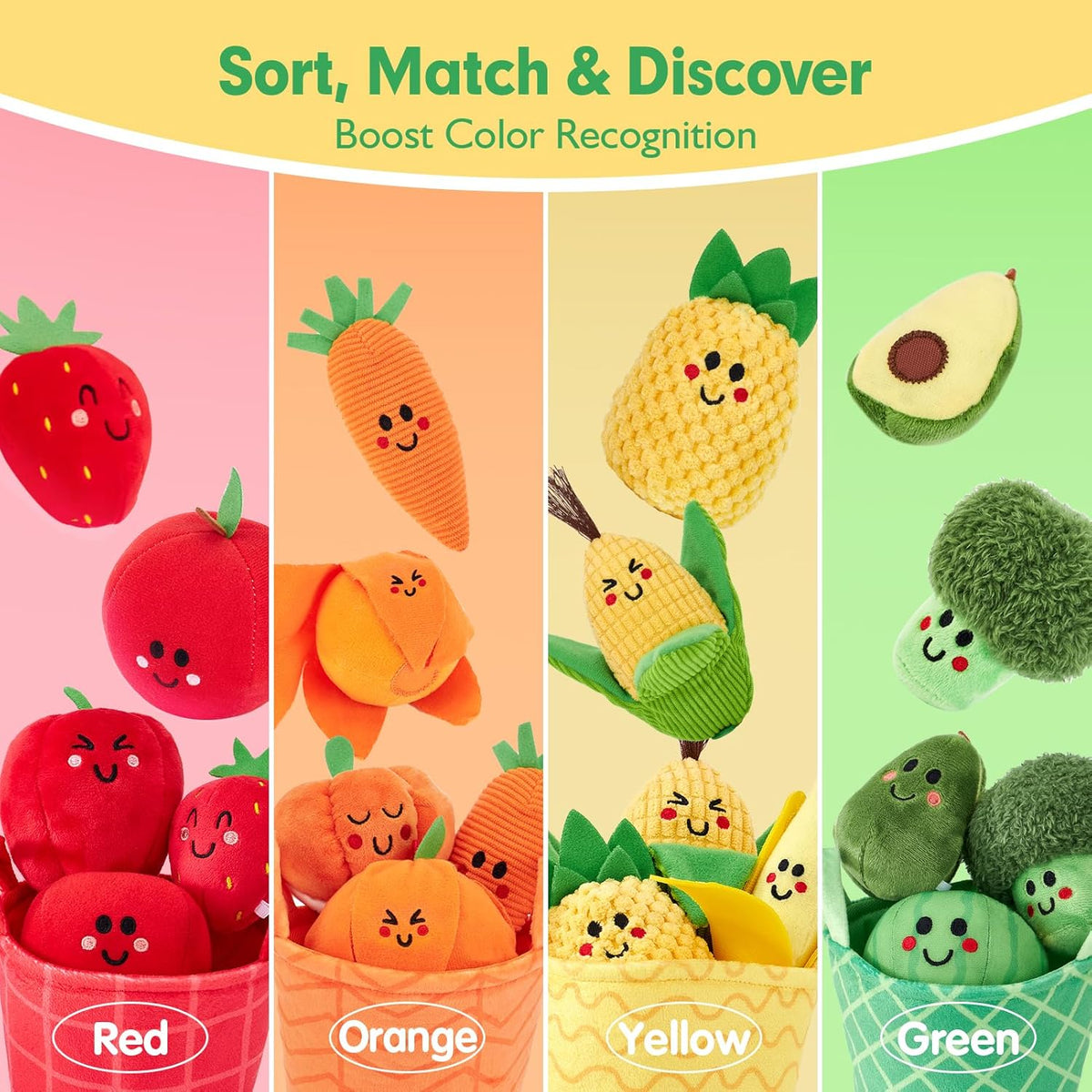 Hahaland Juguetes sensoriales para bebés - 16 piezas Mi primera fruta Verdura Clasificación de color de alimentos de juego crujiente, sonajero, juguetes para bebés 6-12 meses Juguetes Montessori para