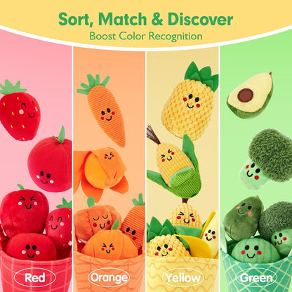 Hahaland Juguetes sensoriales para bebés - 16 piezas Mi primera fruta Verdura Clasificación de color de alimentos de juego crujiente, sonajero, juguetes para bebés 6-12 meses Juguetes Montessori para