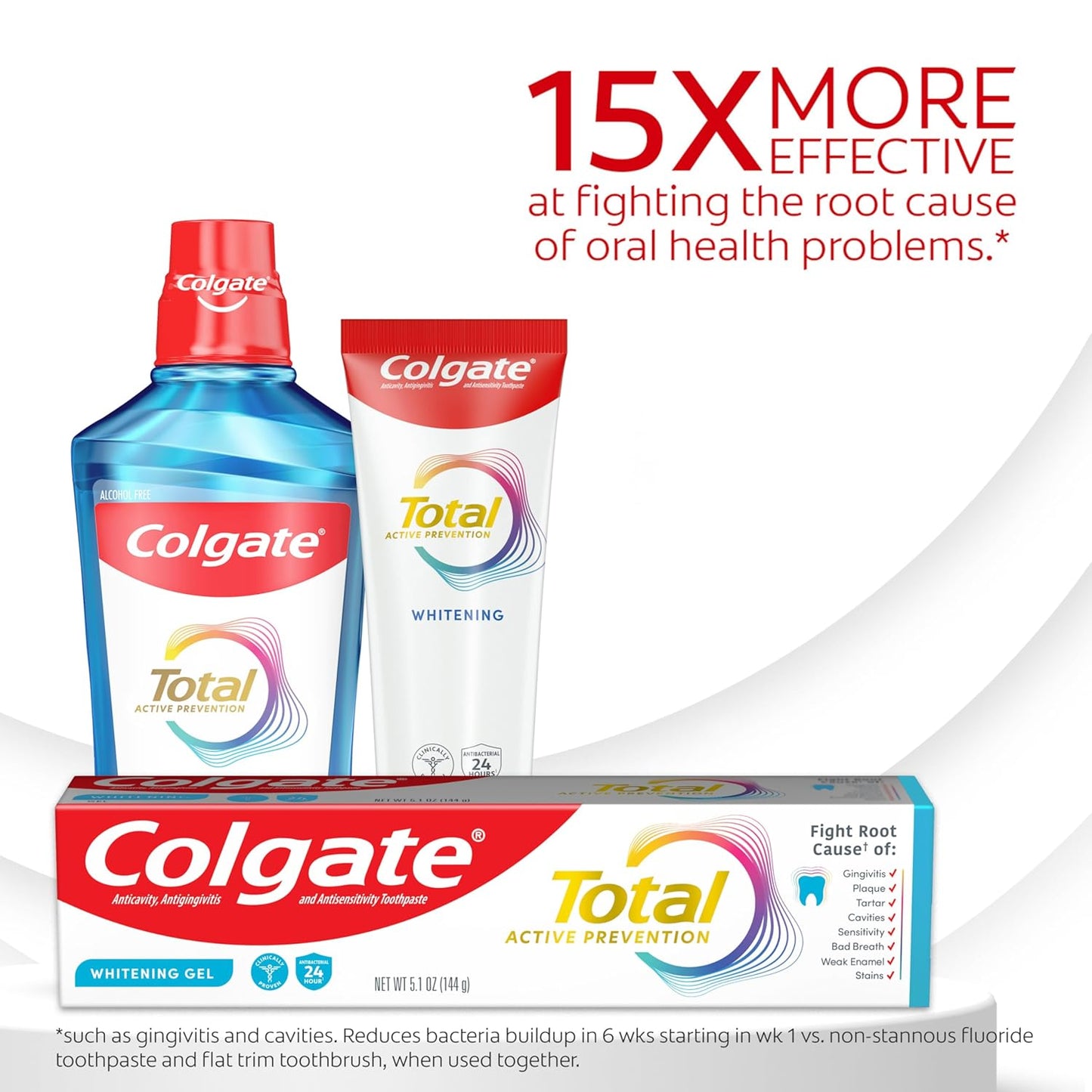 Colgate Total Active Prevention - Pasta de dientes en gel blanqueador con flúor, a granel con fórmula clínicamente probada que combate las bacterias de la placa, menta, paquete de 4, 5.1 onzas