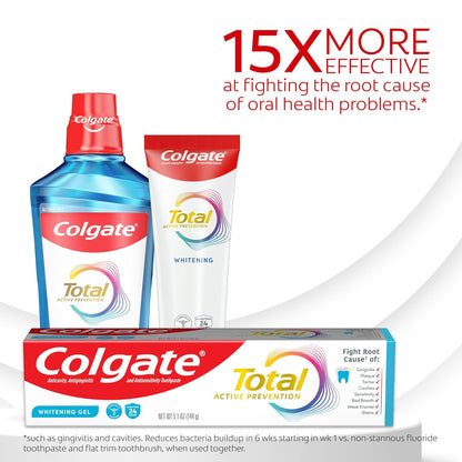 Colgate Total Active Prevention - Pasta de dientes en gel blanqueador con flúor, a granel con fórmula clínicamente probada que combate las bacterias de la placa, menta, paquete de 4, 5.1 onzas