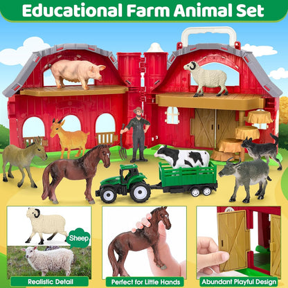 Juguetes de Animales de Granja para Niñas y Niños Pequeños de 1, 2, 3, 4, 5 Años, Gran Granero Rojo de Granja con Figuras de Animales y Juguete de Tractor para Niños, Set de Juego de Granja, Juguetes
