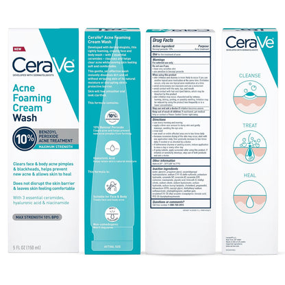 CeraVe Crema Espumosa Limpiadora para el Acné, Limpiador Suave para Rostro y Cuerpo con Peróxido de Benzoilo al 10%, Ácido Hialurónico y Niacinamida, Tratamiento con Peróxido de Benzoilo al 10% que
