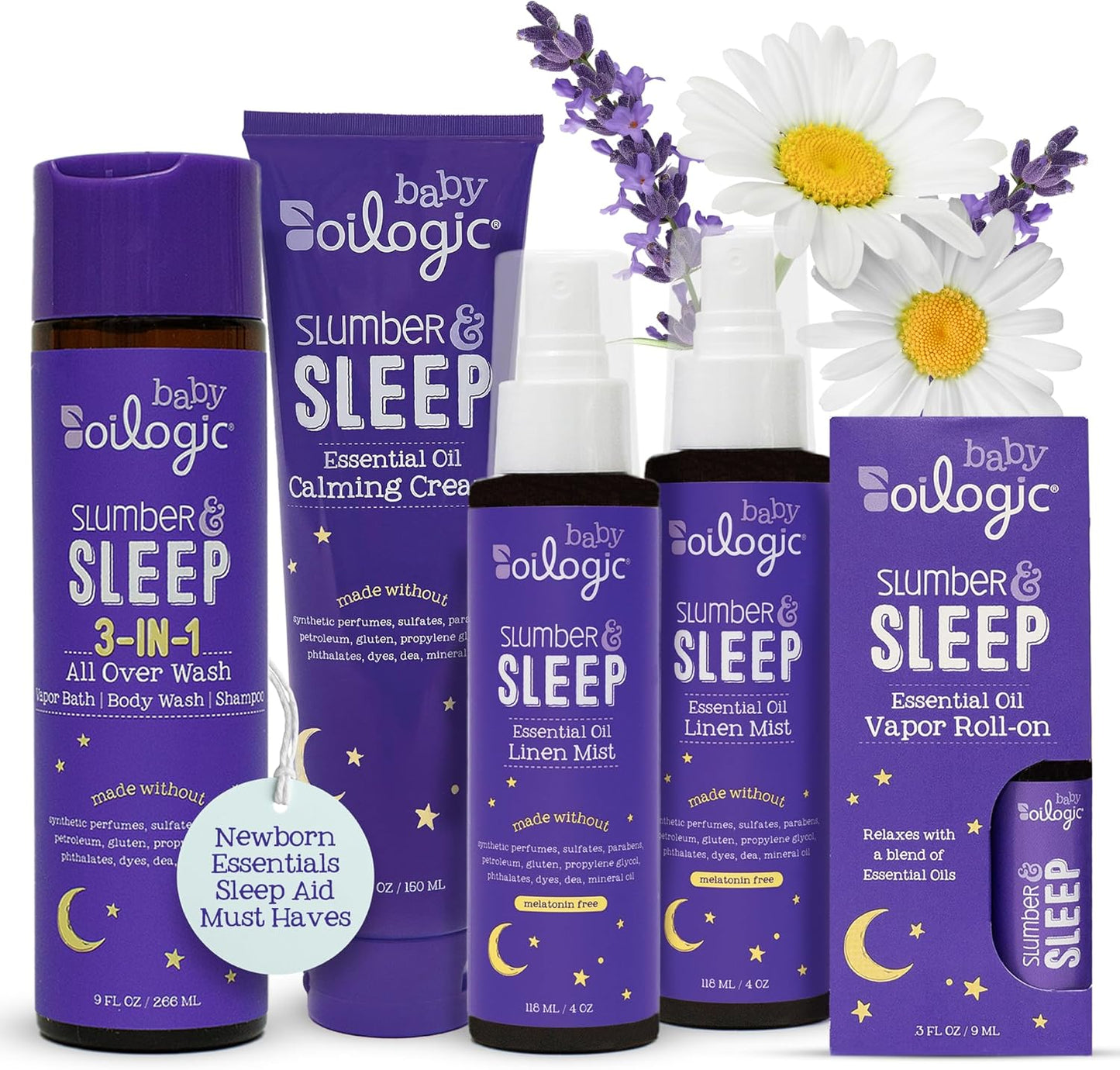 Oilogic Slumber & Sleep Bath Baby Essentials Set de regalo – Incluye gel de baño corporal, crema calmante, spray para dormir y aceites esenciales roll-on – Mezclas de sueño, comodidad y bienestar