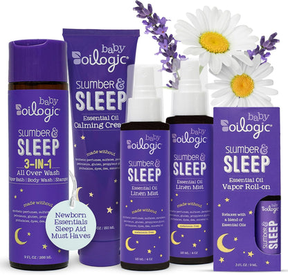 Oilogic Slumber & Sleep Bath Baby Essentials Set de regalo – Incluye gel de baño corporal, crema calmante, spray para dormir y aceites esenciales roll-on – Mezclas de sueño, comodidad y bienestar