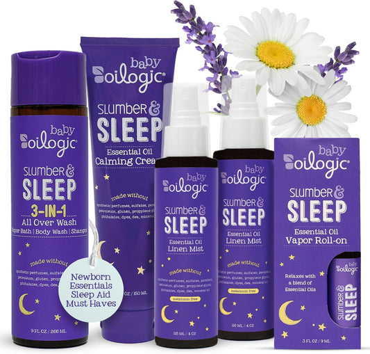 Oilogic Slumber & Sleep Bath Baby Essentials Set de regalo – Incluye gel de baño corporal, crema calmante, spray para dormir y aceites esenciales roll-on – Mezclas de sueño, comodidad y bienestar