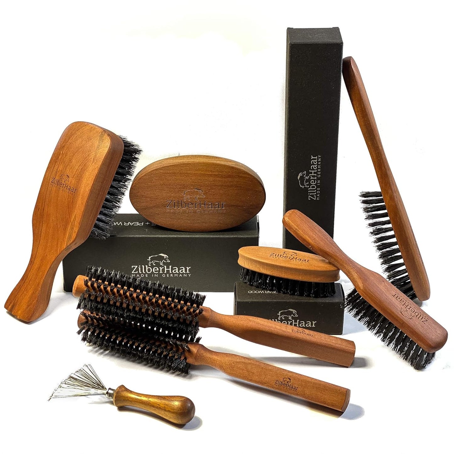 ZilberHaar - Cepillo redondo para cabello y barba Styler - Cerdas rígidas de jabalí de 1.3 pulgadas y mango de madera de perlado de 8.5 pulgadas - 222 tapones de cerdas - Cepillo de aseo de barba para hombres