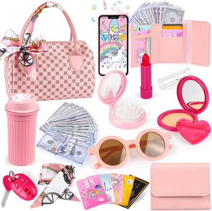 Bolsa de juego para niñas pequeñas, 32 piezas bolso de niña con maquillaje de simulación para niños, juguetes de princesa incluye bolso, teléfono, reloj de pulsera, bufanda de seda bolso de