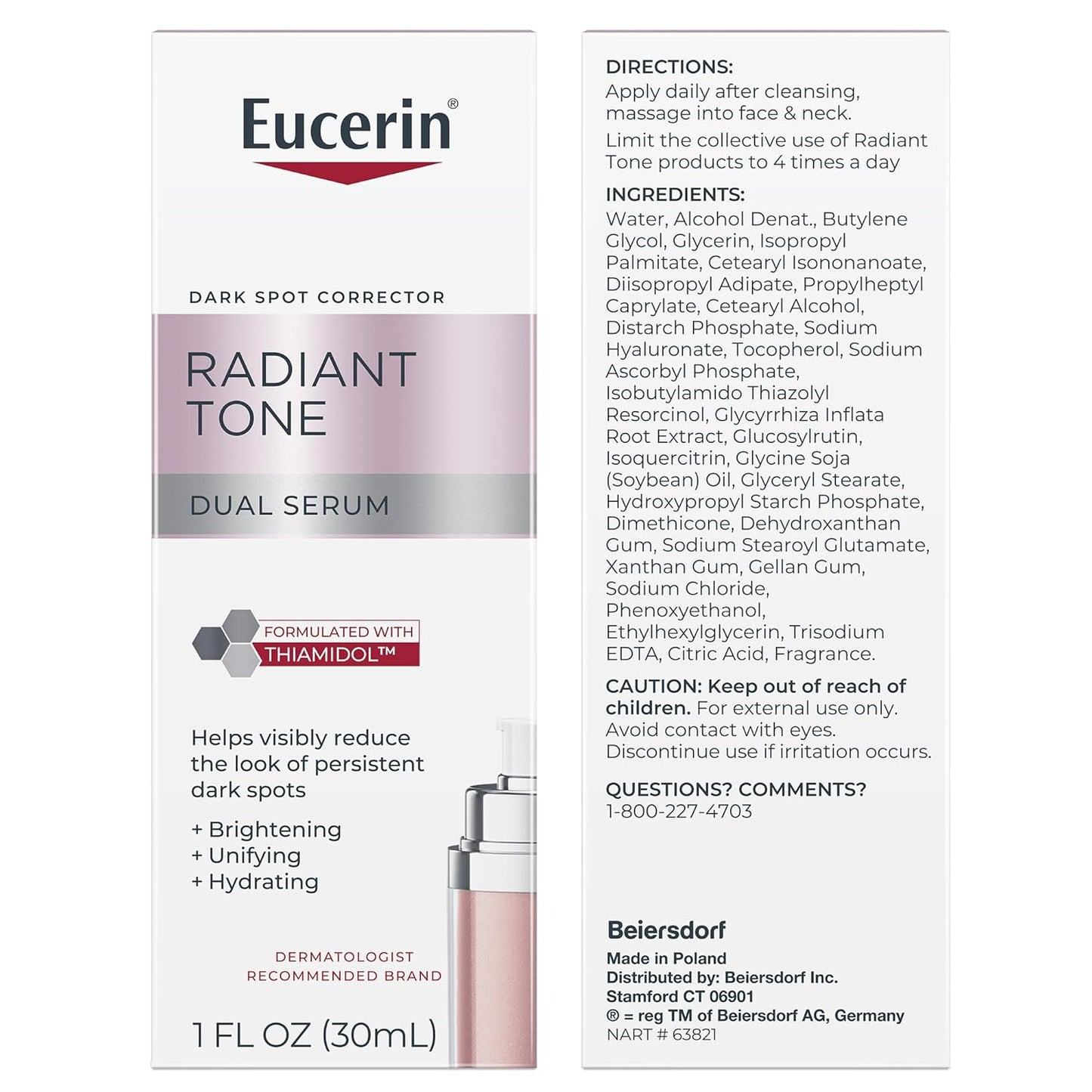 Eucerin Radiant Tone - Suero dual corrector de manchas oscuras, suero de manchas oscuras con tiamidol y ácido hialurónico, ayuda a reducir visiblemente el aspecto de manchas oscuras persistentes, botella de 1 onza líquida