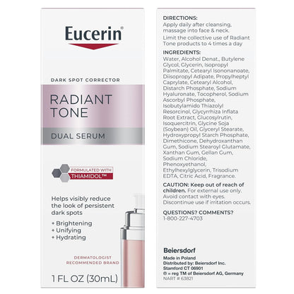 Eucerin Radiant Tone - Suero dual corrector de manchas oscuras, suero de manchas oscuras con tiamidol y ácido hialurónico, ayuda a reducir visiblemente el aspecto de manchas oscuras persistentes, botella de 1 onza líquida