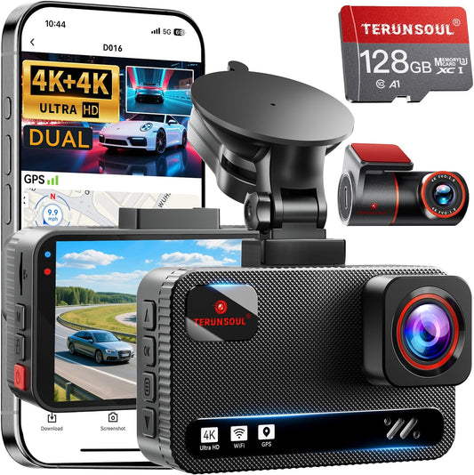 Cámara de tablero frontal y trasera 4K+4K, tarjeta gratuita de 128 GB incluida, cámara WiFi de 5.8 GHz para autos, GPS integrado, sensor G, gran angular de 170°, pantalla IPS de 3 pulgadas