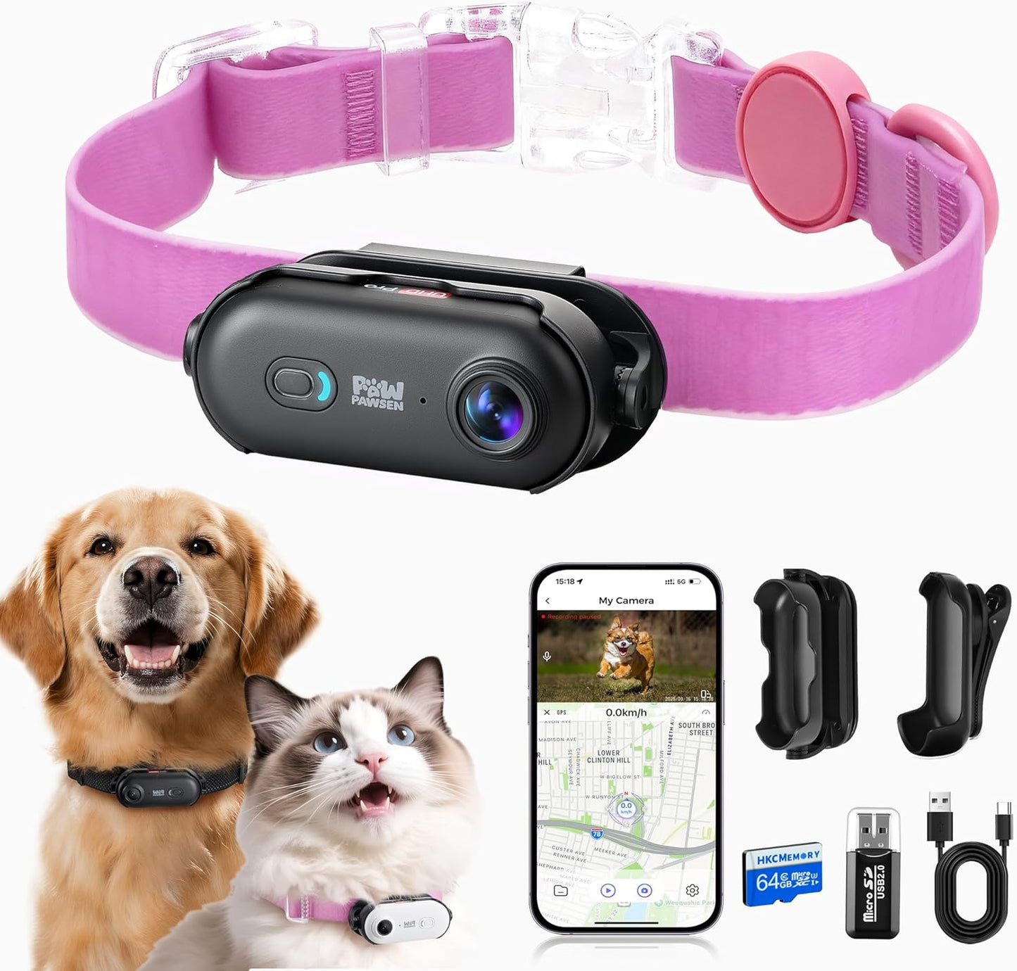 PAWPAWSEN Collar de cámara para mascotas 4K UHD para gatos y perros...