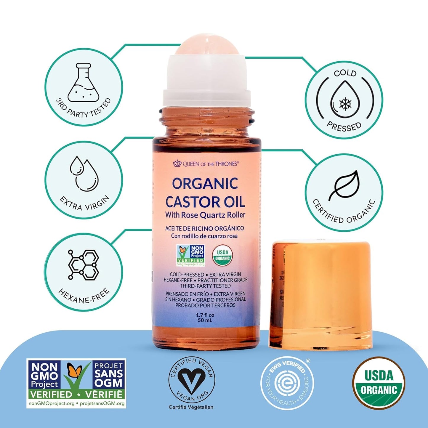 QUEEN OF THE THRONES Aceite de ricino dorado orgánico roll-on con c...