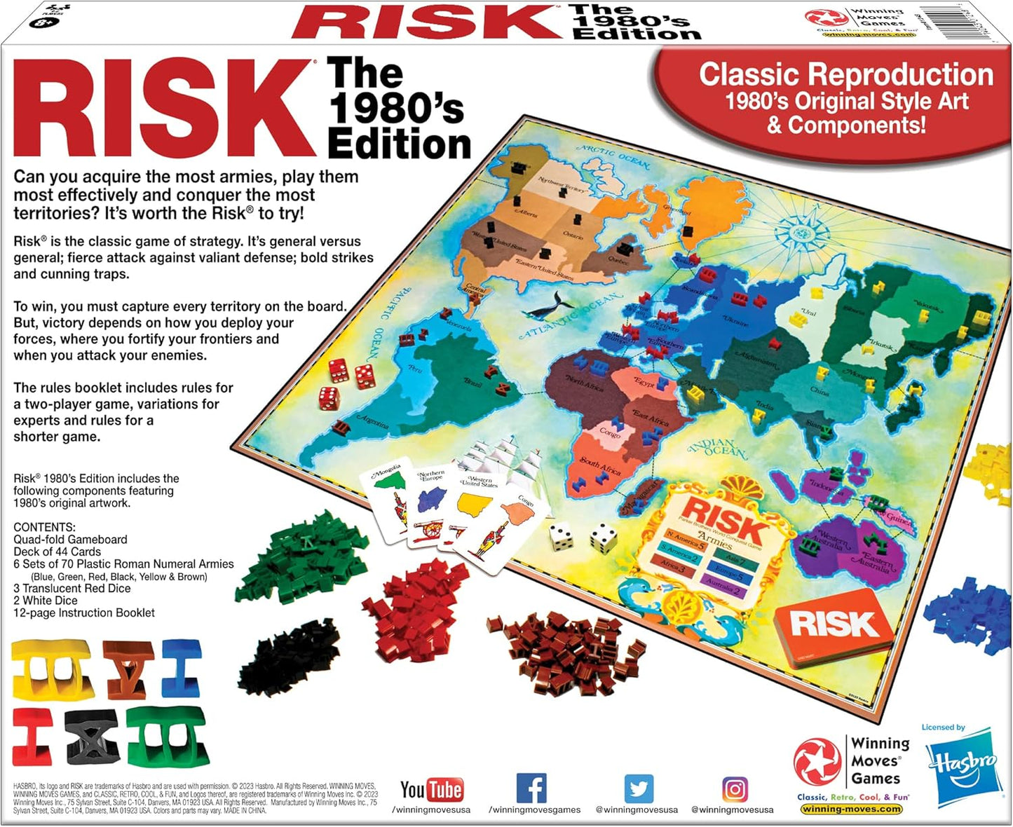 Risk Edición de los 1980 con arte y componentes originales de 1980 de Winning Moves Games USA, juego de mesa de estrategia de dominación mundial para 2 a 6 jugadores, a partir de 8 años