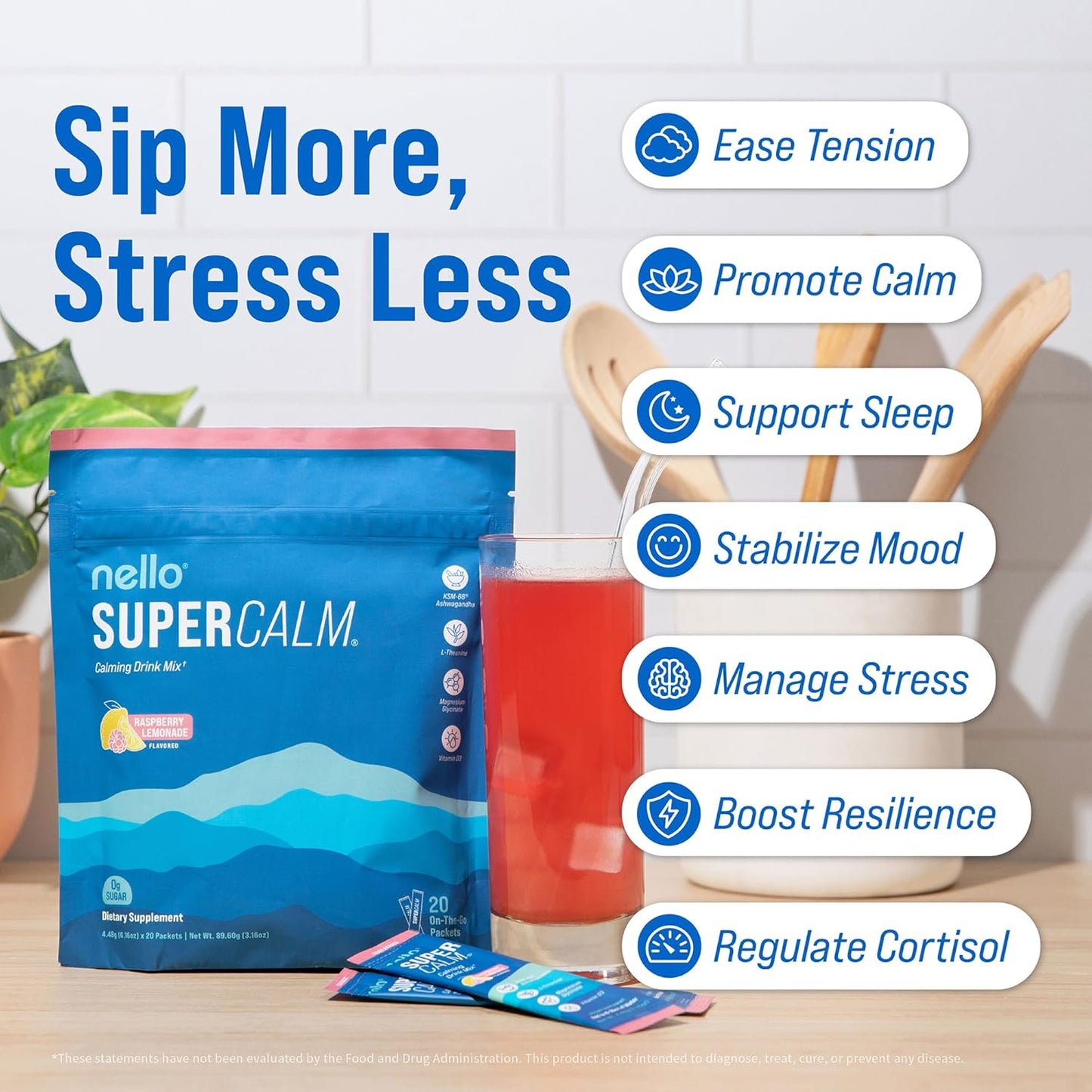 Nello Supercalm - Mezcla de bebida en polvo, reductor de cortisol y...