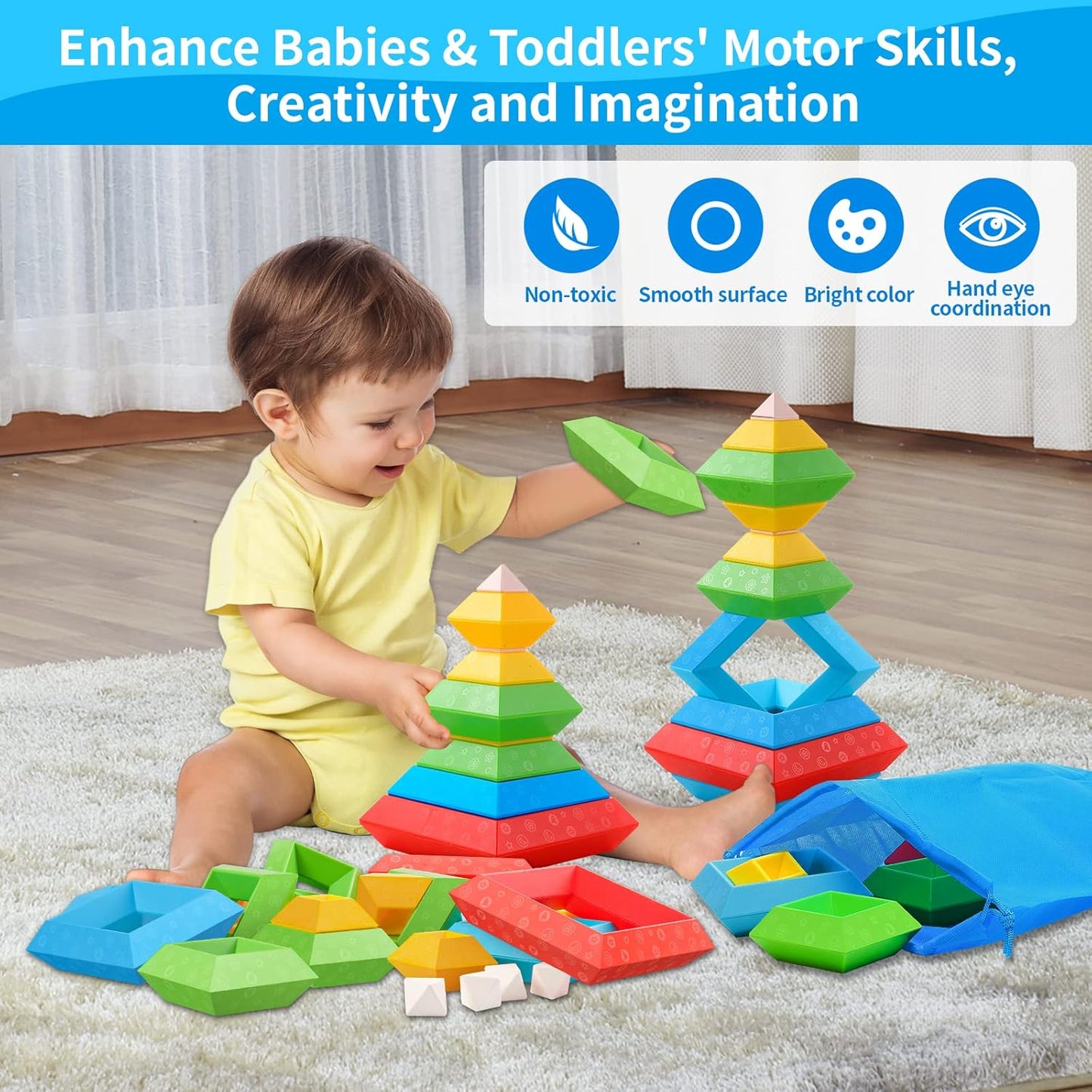 Juguetes Montessori para niños y niñas de 1, 2, 3, 4 años, actividades de aprendizaje preescolar, 30 piezas de bloques de construcción, apilables, juguetes educativos, regalos sensoriales STEM
