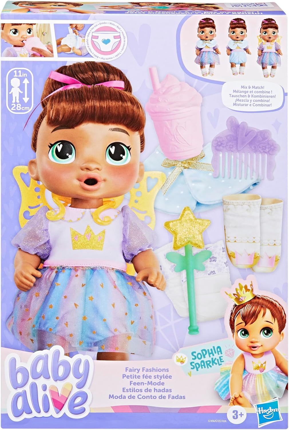 Baby Alive Fairy Fashions - Muñeca Sophia Sparkle con accesorios de...