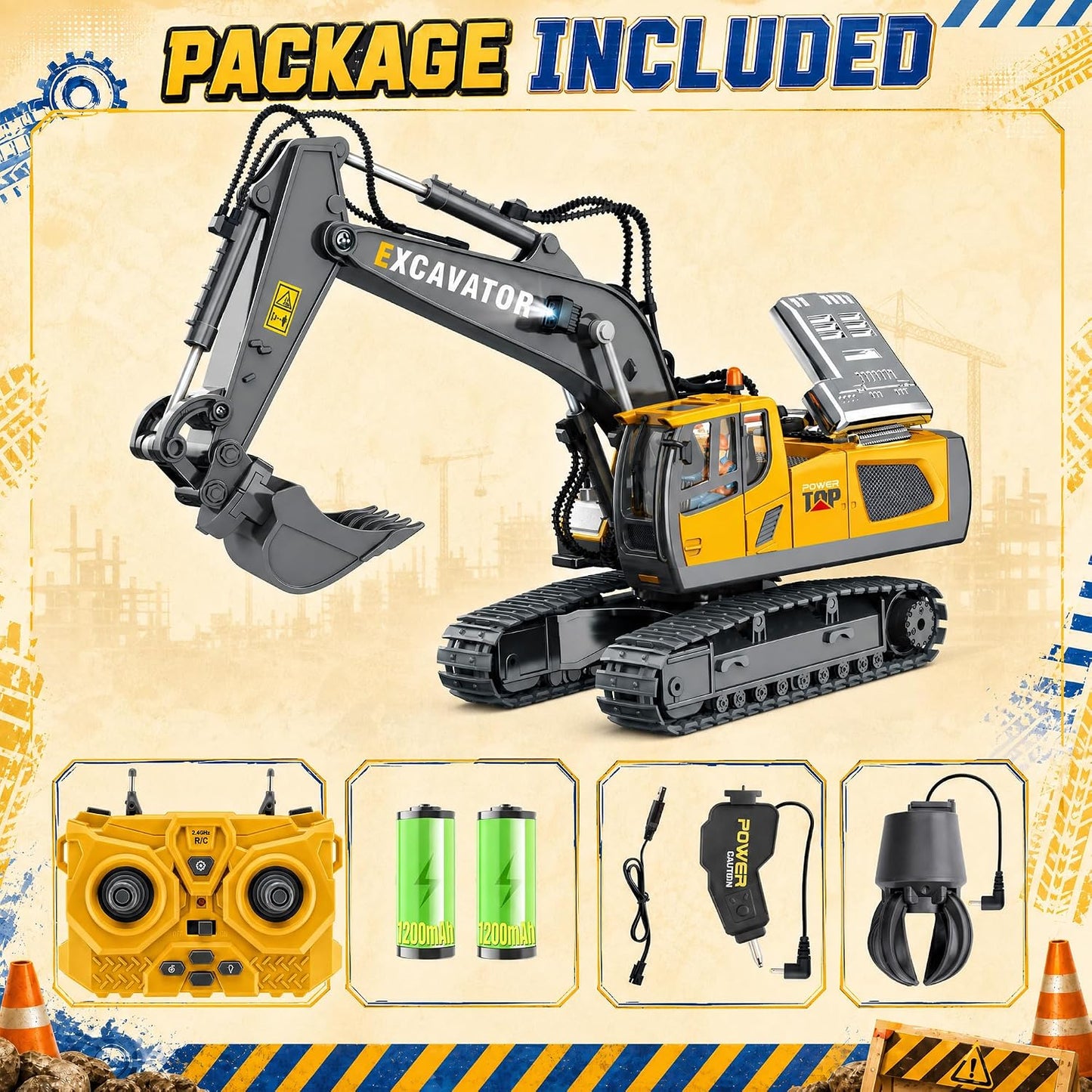 Excavadora de juguete con control remoto para niños, 3 en 1, cubo,...