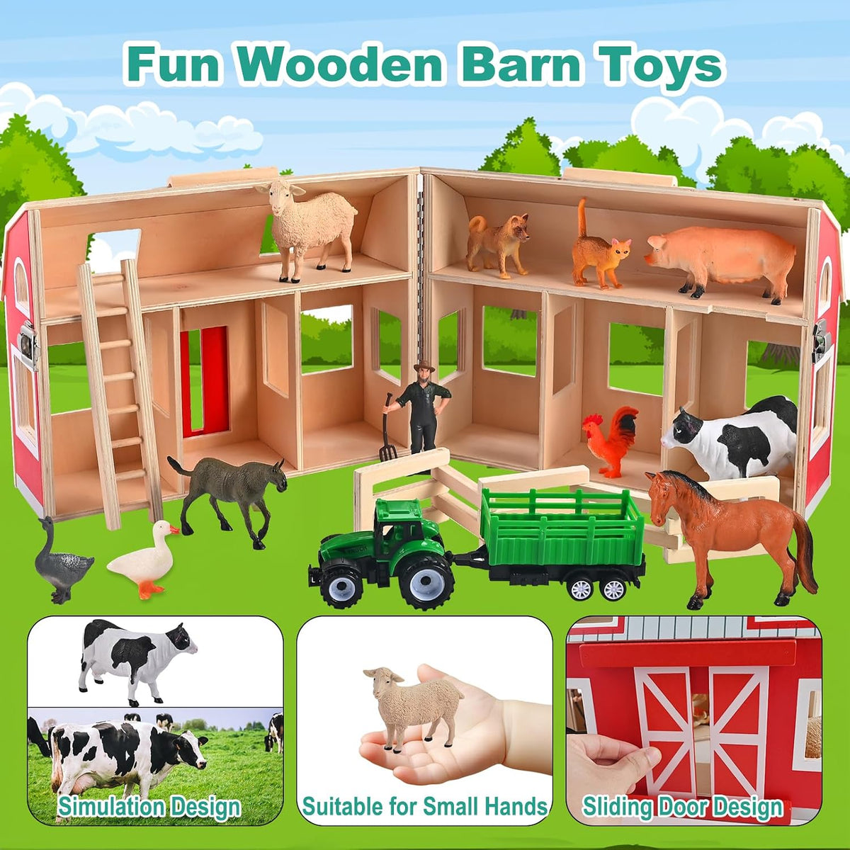 Juguetes de madera de granero, juego de granero con 12 figuras de juego de animales para más de 3 años, granero de juguete y animales de granja, juego de granero de madera para regalo de cumpleaños de Navidad para niños y niñas