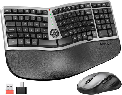 MEETION Combo ergonómico de teclado y mouse inalámbrico, teclado compacto curvado de 2.4 G con reposamanos acolchado, mouse inalámbrico ajustable de 4 niveles DPI para Windows/Mac/Escritorio/PC