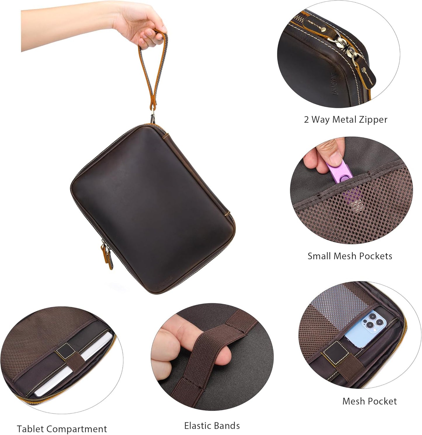 LANNSYNE Organizador electrónico de cuero de grano completo accesorio bolsa de tecnología de viaje, bolsa de accesorios de cable, estuche de transporte de almacenamiento para cargador, teléfono, banco