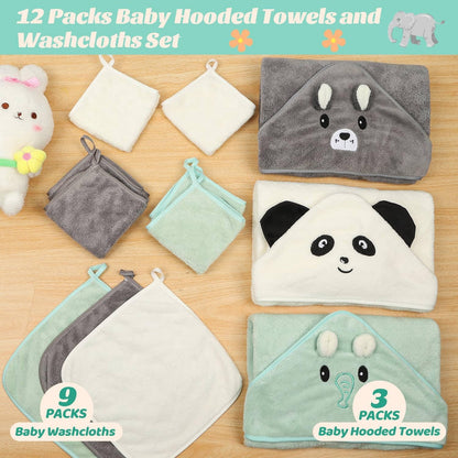 12 toallas de bebé, 3 toallas suaves con capucha y 9 paños de baño, toallas de baño para recién nacidos, bebés y niños pequeños, ultra absorbentes, lindas toallas de bebé de regalo para niños