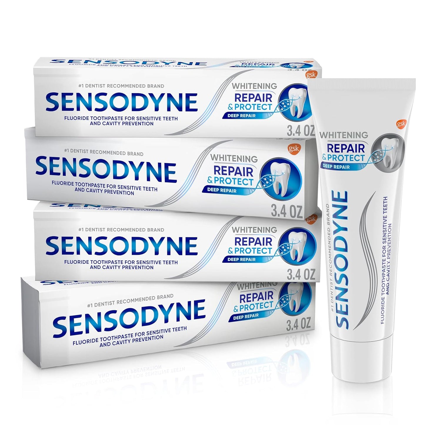 Sensodyne Repair & Protect - Pasta dental blanqueadora para dientes sensibles y prevención de caries, 3.4 onzas (paquete de 4)