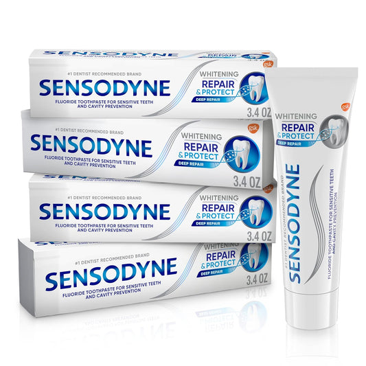 Sensodyne Repair & Protect - Pasta dental blanqueadora para dientes sensibles y prevención de caries, 3.4 onzas (paquete de 4)
