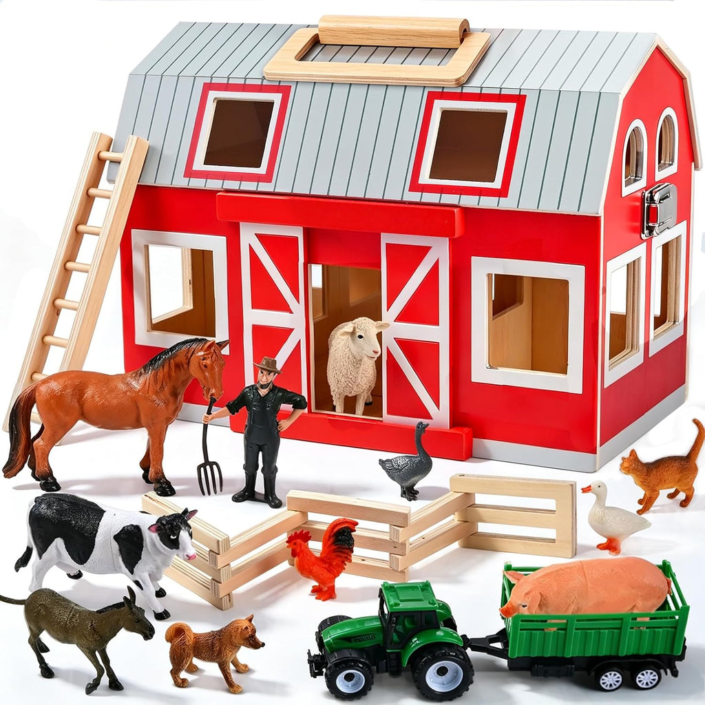 Juguetes de madera de granero, juego de granero con 12 figuras de juego de animales para más de 3 años, granero de juguete y animales de granja, juego de granero de madera para regalo de cumpleaños de Navidad para niños y niñas
