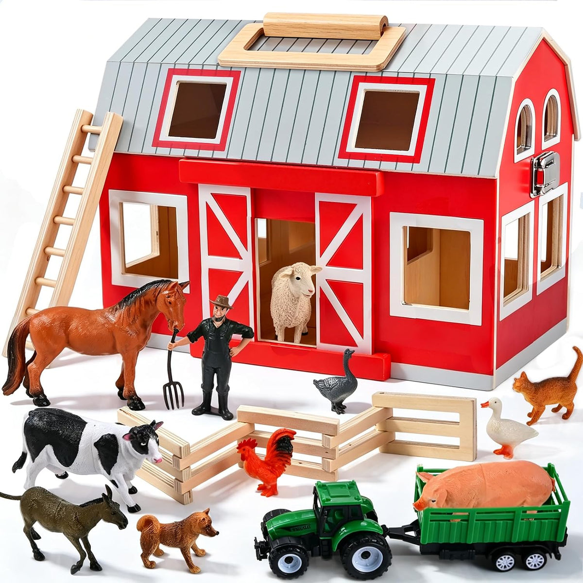 Juguetes de madera de granero, juego de granero con 12 figuras de juego de animales para más de 3 años, granero de juguete y animales de granja, juego de granero de madera para regalo de cumpleaños de Navidad para niños y niñas