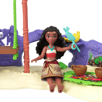 Mattel Disney Moana 2 Juguetes, Set de juego de aventura en la isla de Moana con muñecas pequeñas de Moana y Simea, 2 amigos personajes, 5 áreas de juego y 8 accesorios