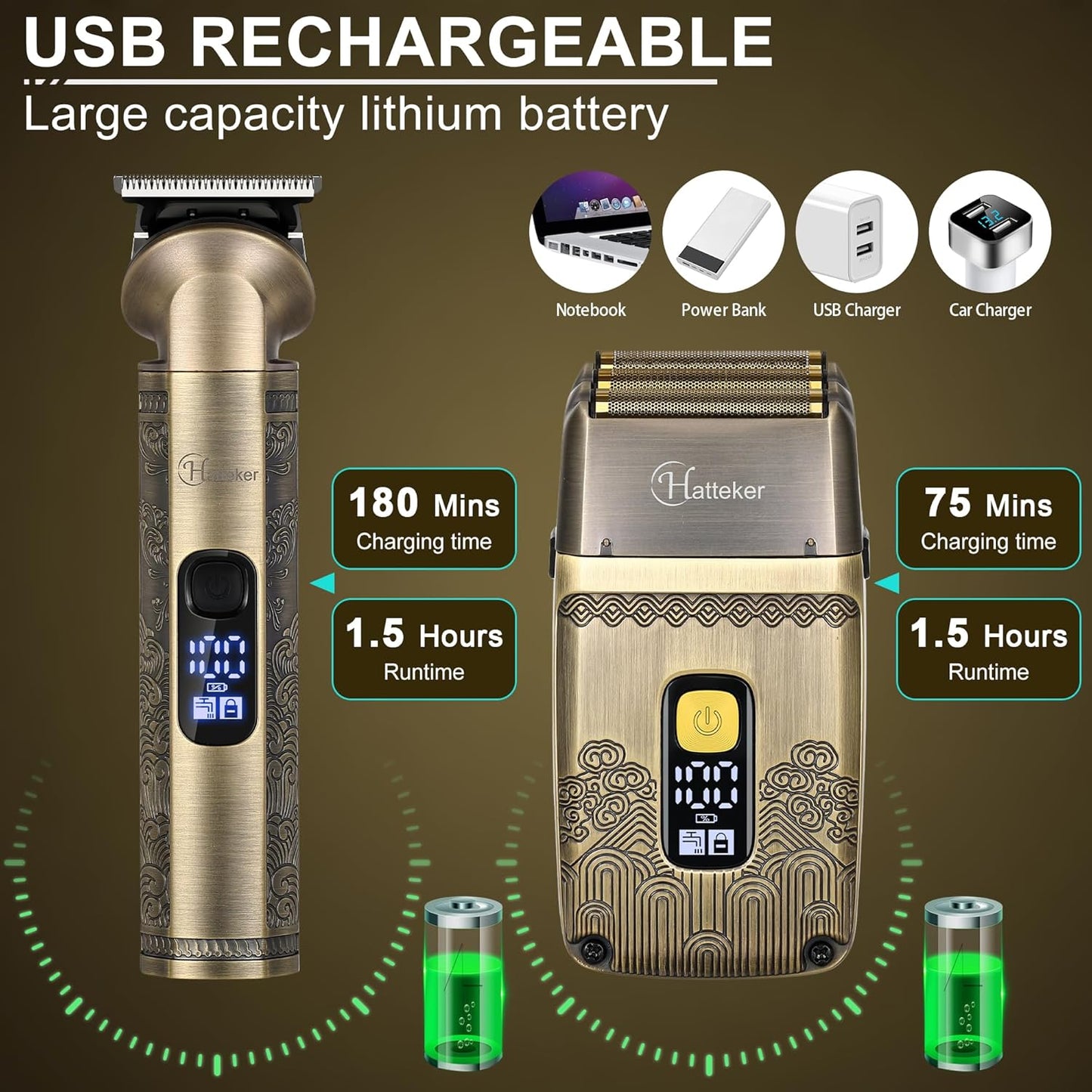 Hatteker Cortapelos Profesional Maquinilla de Afeitar Eléctrica Afeitadoras de Lámina para Hombres Cuerpo Nariz Oreja Kit de Aseo de Cabello con Cuchillas Triples Inalámbrico Impermeable