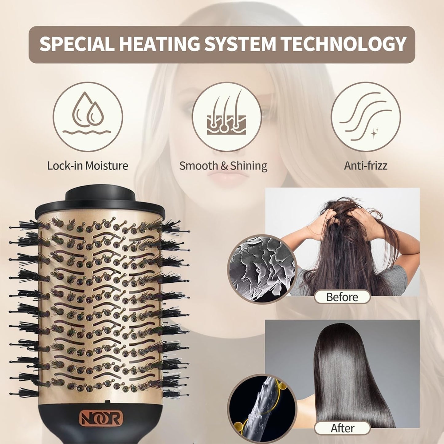 NOOR Cepillo secador de pelo caliente 4 en 1, control de encrespamiento, cepillo secador de pelo, cepillo secador de pelo, cepillo para secar y alisar voluminizar aire caliente estilizador para todos
