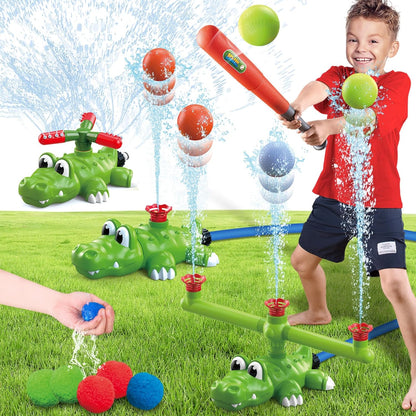 Juego de aspersores de agua 4 en 1 para niños y juguete de bola de agua, rociador de béisbol de cocodrilo para patio trasero, juguetes de verano al aire libre para niños y niñas, juguetes de