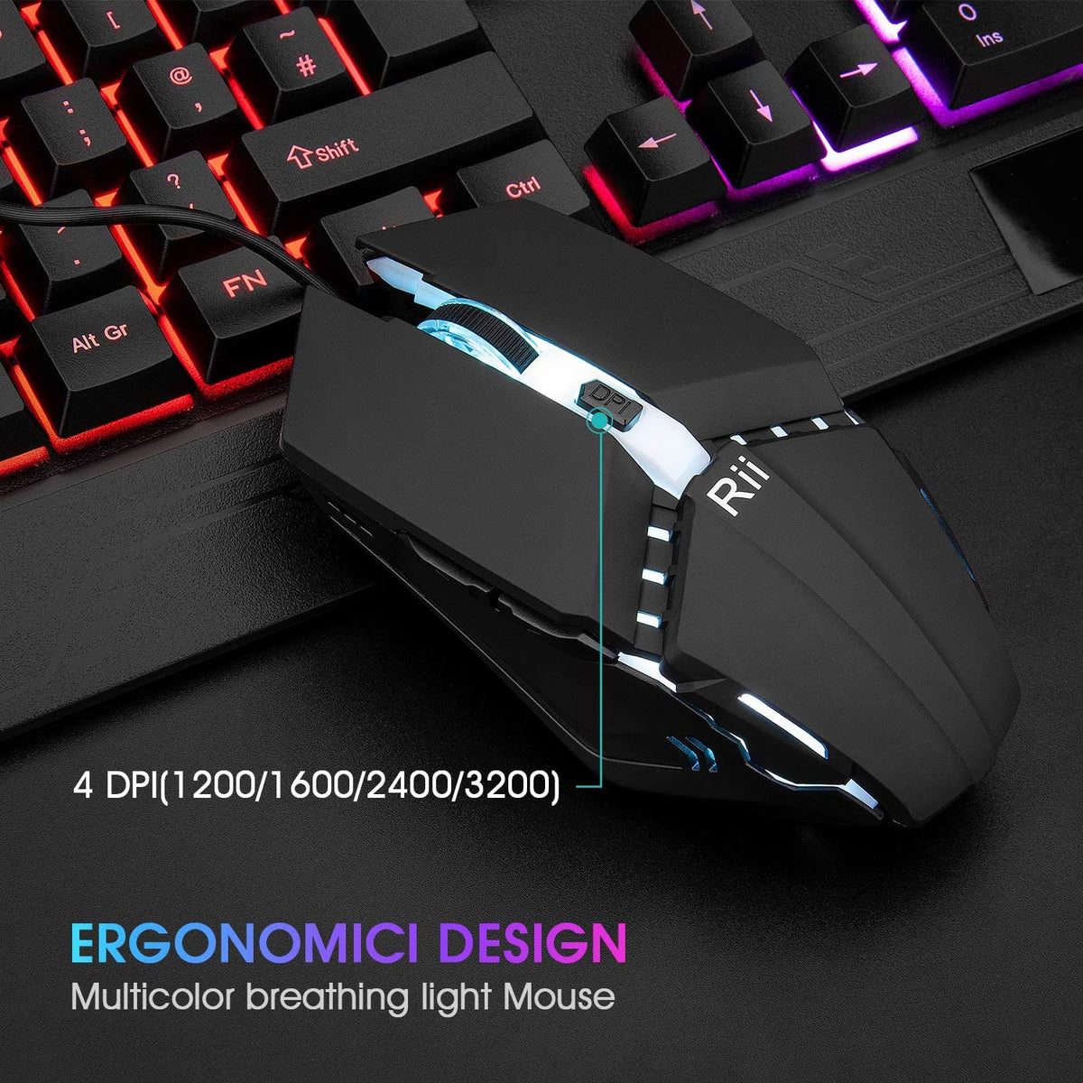 Rii, combo de teclado y mouse para juegos, teclado con cable USB, con 104 teclas, retroiluminación RGB LED con reposamuñecas para PC/Laptop (negro)