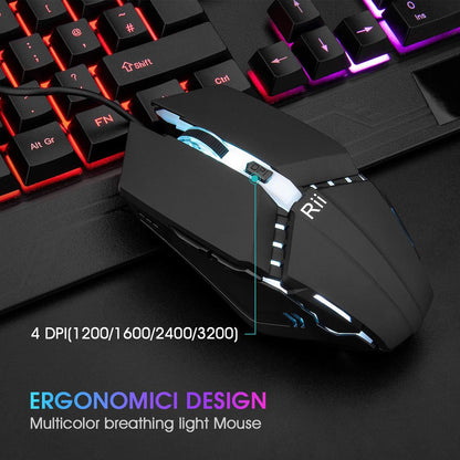 Rii, combo de teclado y mouse para juegos, teclado con cable USB, con 104 teclas, retroiluminación RGB LED con reposamuñecas para PC/Laptop (negro)
