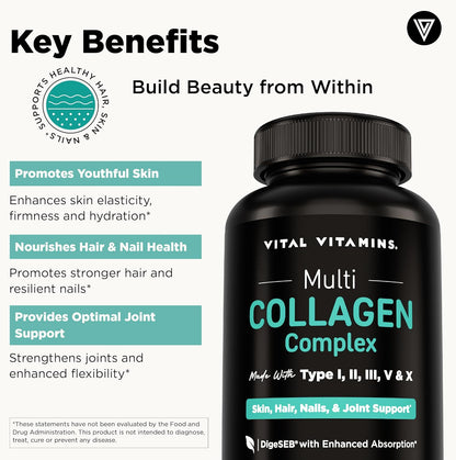 Vital Vitamins Píldoras de colágeno múltiple para mujeres y hombres...
