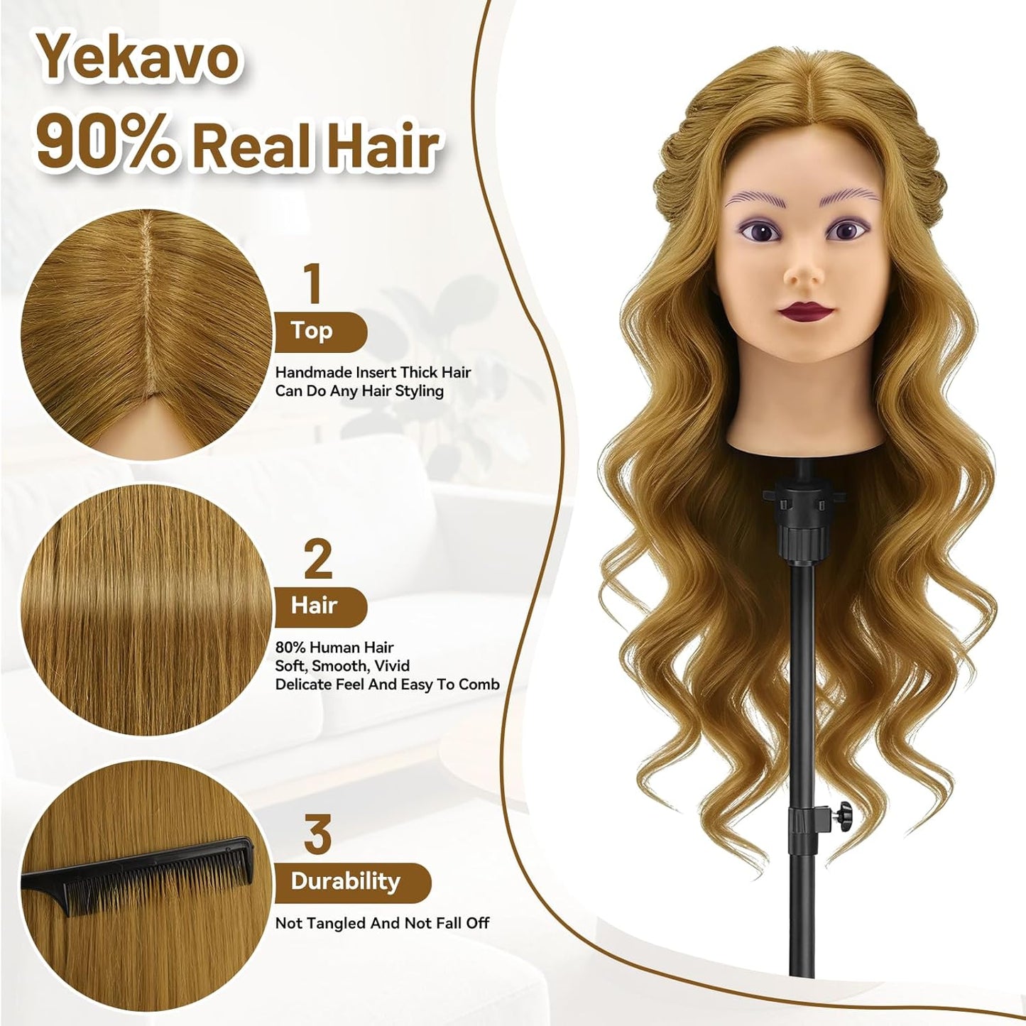 Cabeza de maniquí con 90% cabello humano, cabeza de muñeca de pelo...
