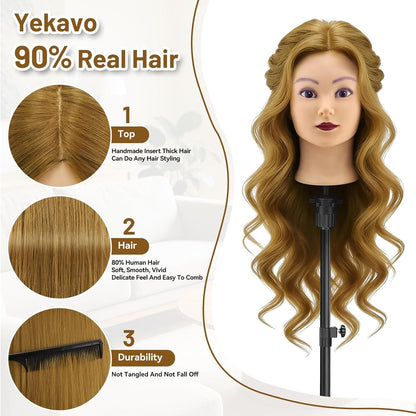 Cabeza de maniquí con 90% cabello humano, cabeza de muñeca de pelo...